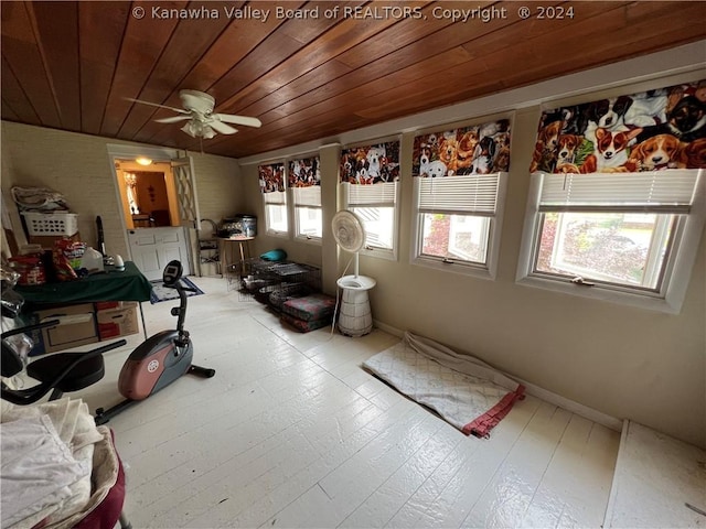 sunroom featuring wood ceiling and ceiling fan