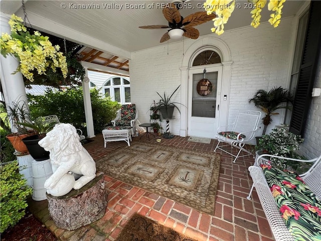 view of patio / terrace featuring ceiling fan and a porch