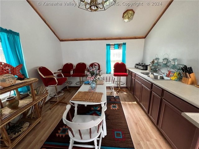 interior space featuring sink, a notable chandelier, light hardwood / wood-style floors, crown molding, and dark brown cabinets