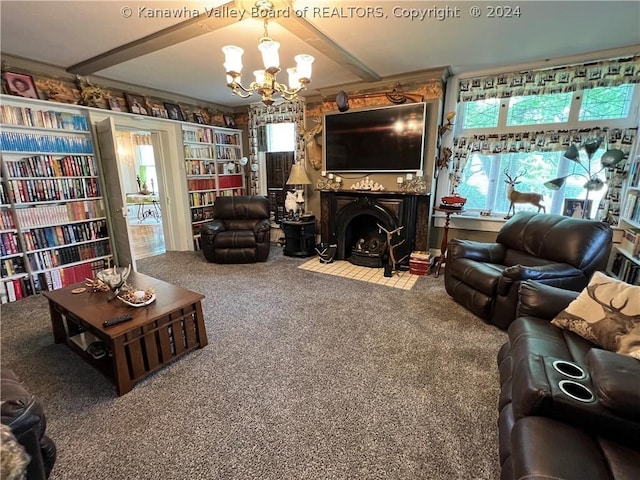 living room featuring carpet flooring and a notable chandelier