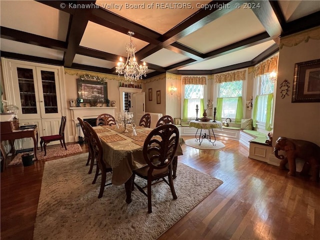 dining room with an inviting chandelier, coffered ceiling, hardwood / wood-style floors, and beamed ceiling