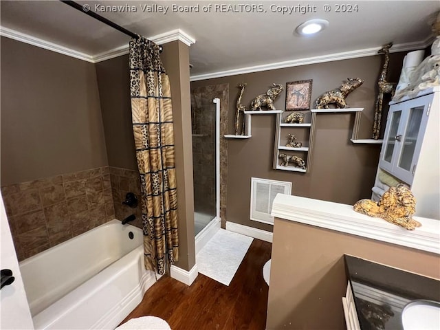 bathroom featuring wood-type flooring and crown molding