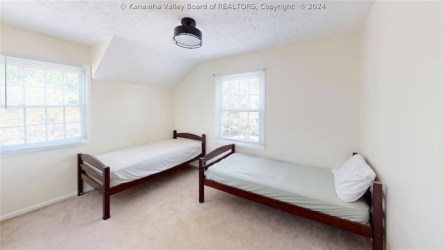 bedroom featuring vaulted ceiling, light carpet, and a textured ceiling