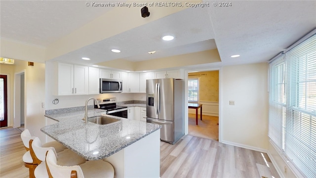 kitchen with kitchen peninsula, light hardwood / wood-style flooring, light stone counters, white cabinetry, and stainless steel appliances