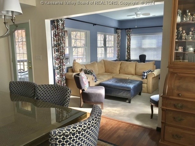 living room featuring ceiling fan and hardwood / wood-style floors