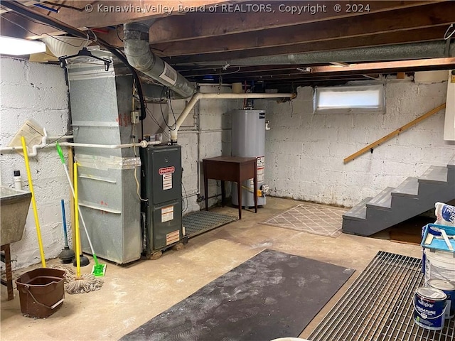 basement with heating unit and water heater