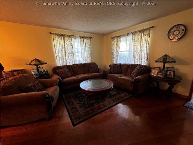 living room with hardwood / wood-style flooring and a textured ceiling