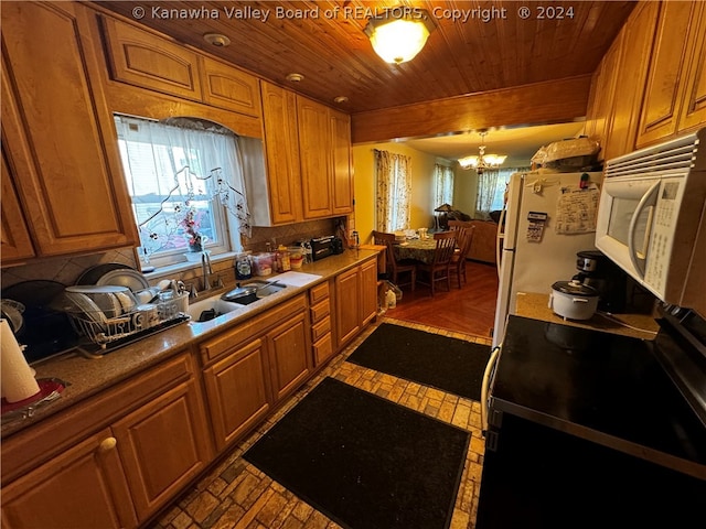 kitchen with an inviting chandelier, fridge, wood ceiling, decorative light fixtures, and sink