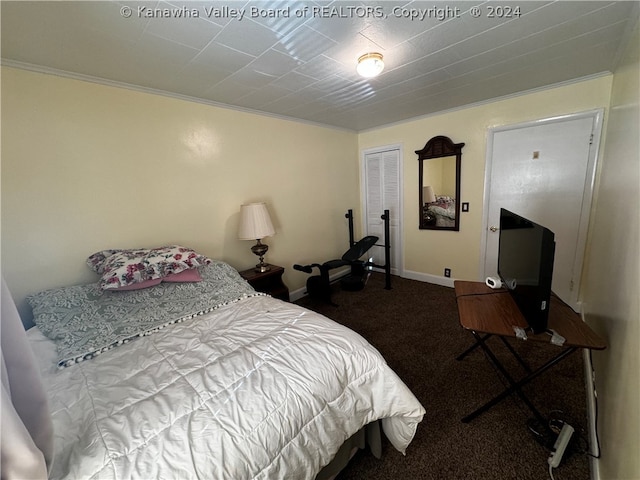 bedroom with crown molding, carpet, and a closet