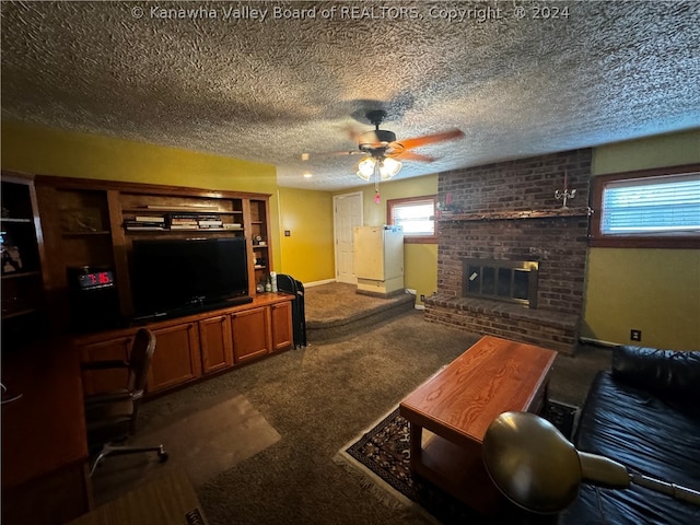 carpeted living room featuring a fireplace, a textured ceiling, brick wall, and ceiling fan