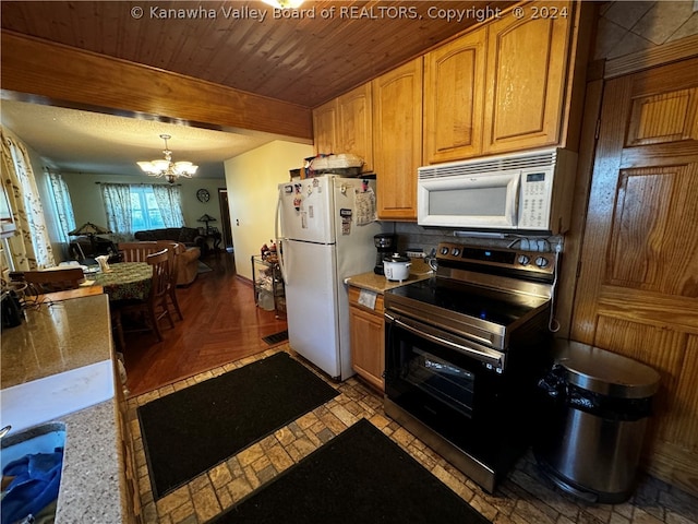 kitchen with wooden ceiling, white appliances, a notable chandelier, and decorative light fixtures