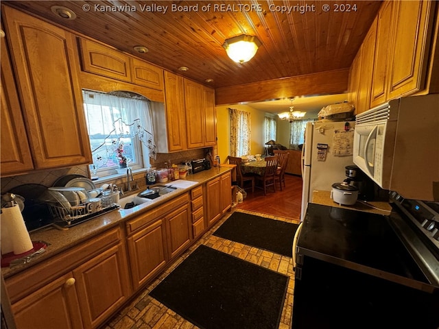 kitchen featuring white appliances, a healthy amount of sunlight, and wood ceiling