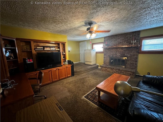 carpeted living room featuring a fireplace, a textured ceiling, brick wall, and ceiling fan