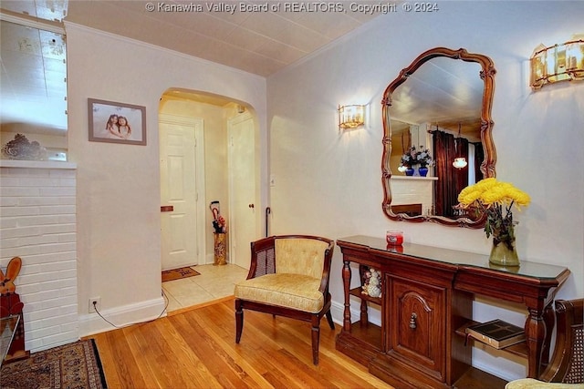 living area featuring light hardwood / wood-style flooring and ornamental molding