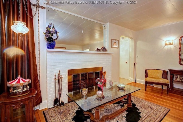 living room featuring wood-type flooring and a fireplace