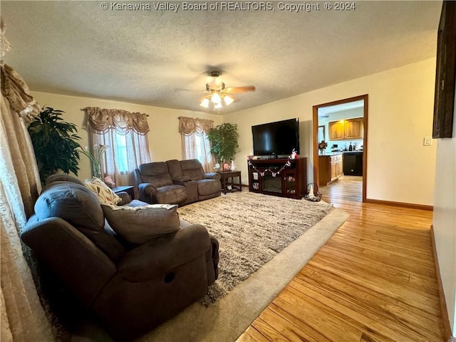 living room featuring ceiling fan, a textured ceiling, and light hardwood / wood-style flooring