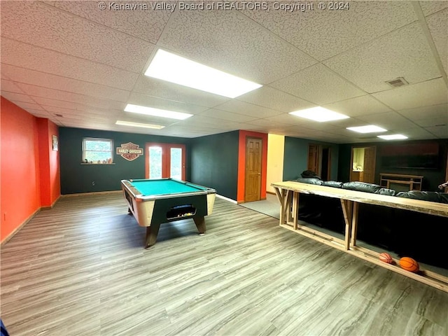 game room featuring a drop ceiling, wood-type flooring, and billiards