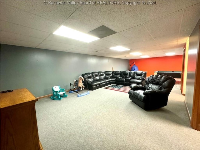 carpeted living room featuring a paneled ceiling and billiards