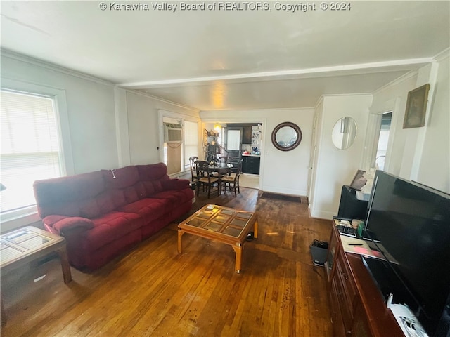 living room with ornamental molding and dark hardwood / wood-style floors