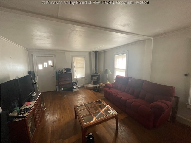 living room with crown molding, a wood stove, and hardwood / wood-style flooring