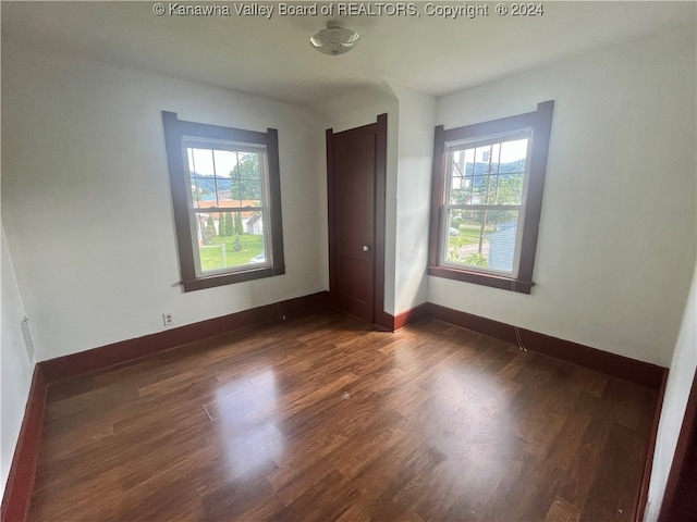 unfurnished room with dark wood-type flooring