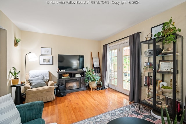 living room with hardwood / wood-style flooring and french doors