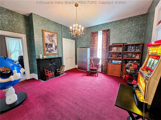 interior space featuring carpet floors and a notable chandelier