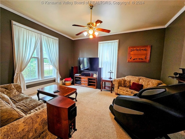 living room featuring ceiling fan, carpet flooring, and crown molding