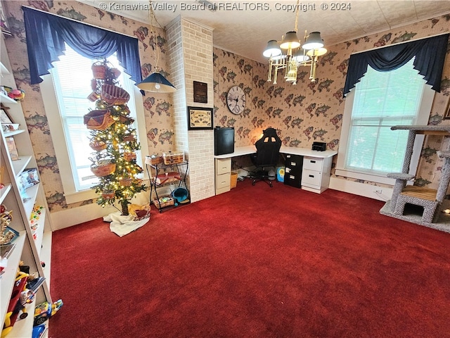 interior space with carpet, a notable chandelier, and brick wall