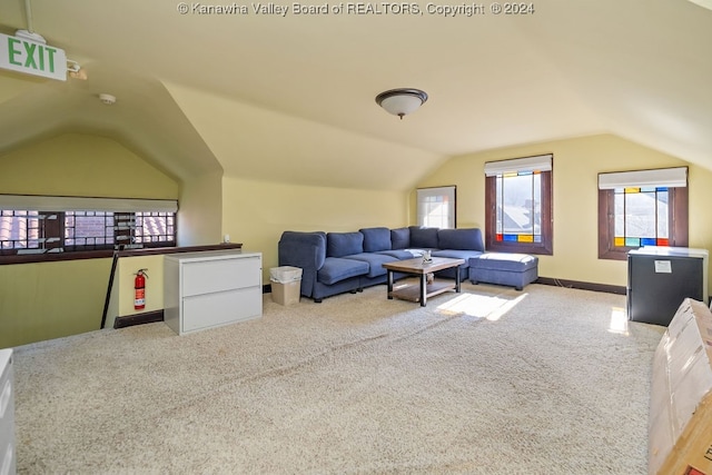 carpeted living room with vaulted ceiling