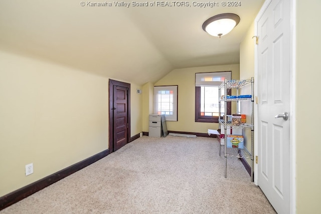 additional living space featuring vaulted ceiling and light colored carpet