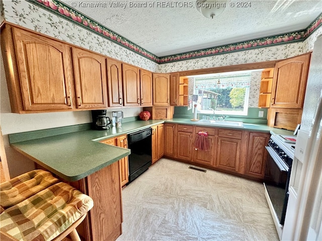 kitchen featuring kitchen peninsula, dishwasher, a textured ceiling, and white electric range oven