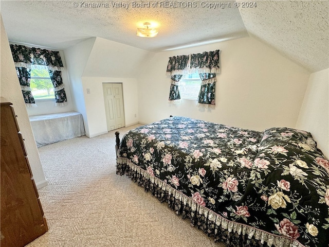 bedroom featuring a textured ceiling, carpet floors, and lofted ceiling