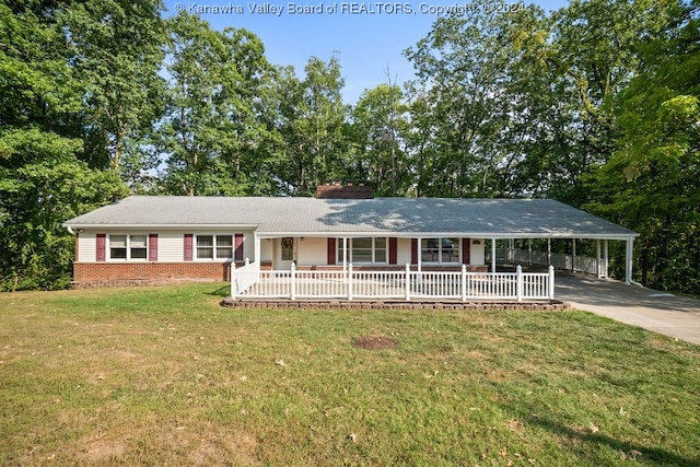 ranch-style home with a porch, a carport, and a front lawn