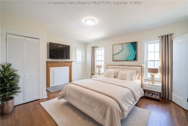 bedroom with dark hardwood / wood-style flooring and a closet