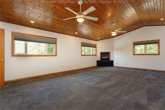 unfurnished living room featuring wood ceiling, carpet floors, ceiling fan, and vaulted ceiling