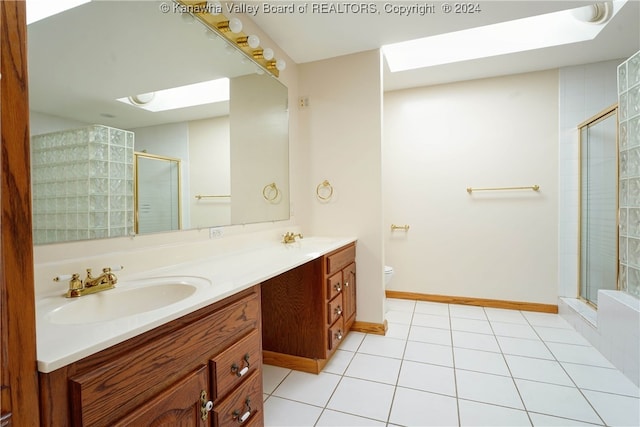 bathroom featuring an enclosed shower, toilet, vanity, and tile patterned floors