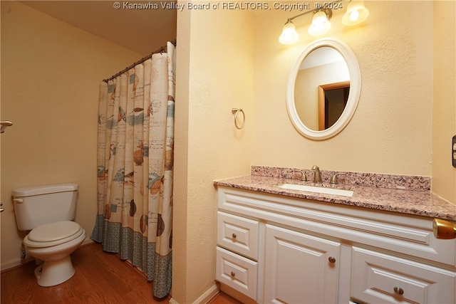 bathroom with hardwood / wood-style flooring, toilet, vanity, and curtained shower