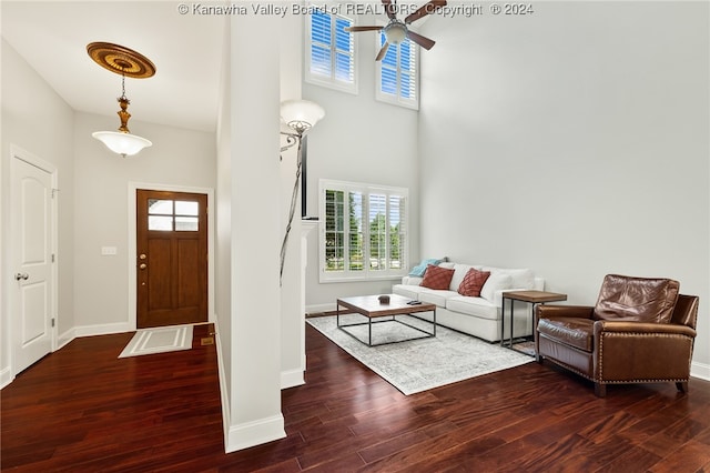 entrance foyer with ceiling fan, dark hardwood / wood-style floors, and a high ceiling