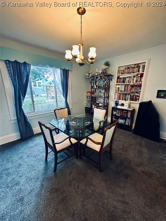 carpeted dining area with built in features and a chandelier