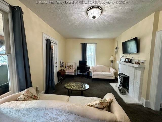 carpeted living room featuring a fireplace, a textured ceiling, and a wealth of natural light