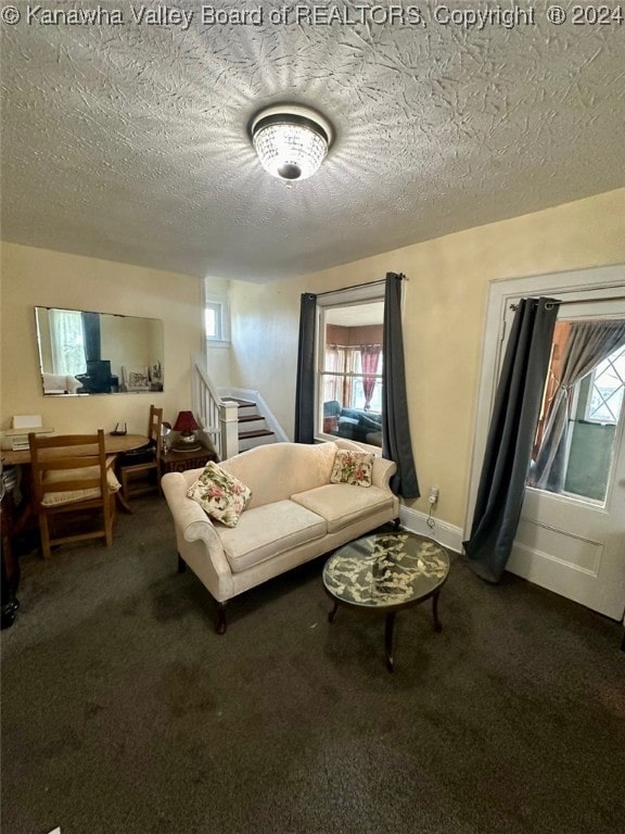 living room featuring a textured ceiling, a healthy amount of sunlight, and carpet floors