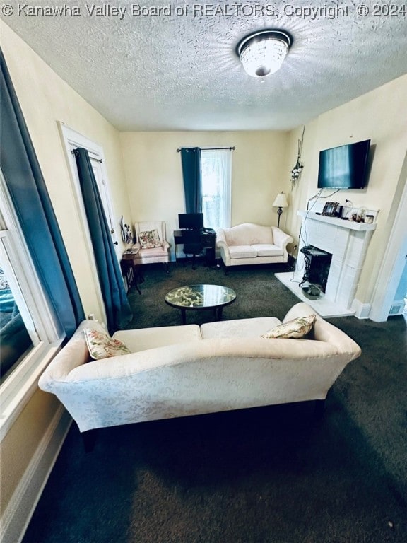 carpeted living room featuring a textured ceiling