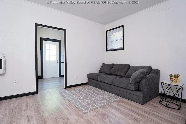 living room with light hardwood / wood-style floors and ornamental molding