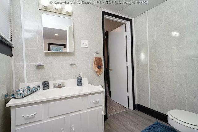 bathroom with vanity, tile walls, toilet, and wood-type flooring