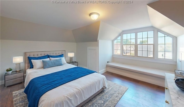 bedroom with wood-type flooring and lofted ceiling