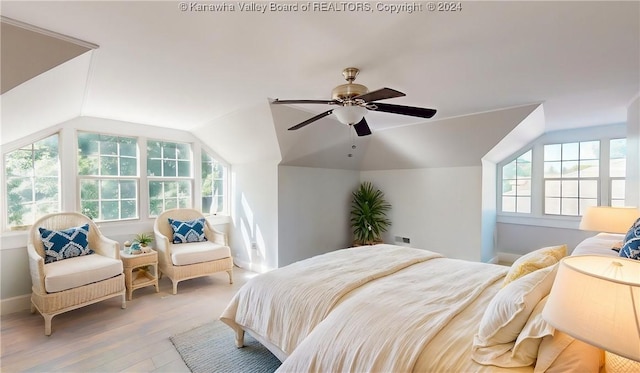 bedroom featuring ceiling fan, light hardwood / wood-style floors, and lofted ceiling