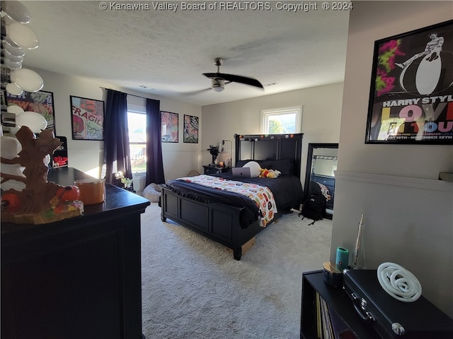 carpeted bedroom with a textured ceiling, ceiling fan, and multiple windows