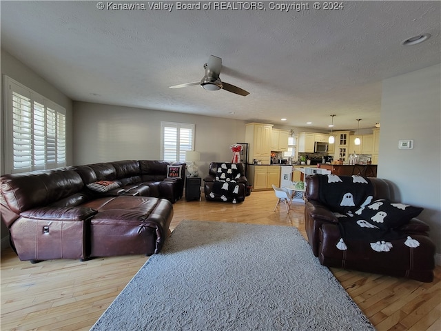 living room with a textured ceiling, light hardwood / wood-style flooring, and ceiling fan