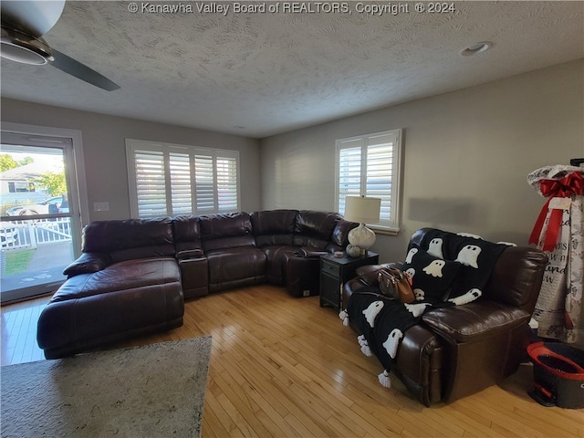 living room with a textured ceiling, wood-type flooring, and ceiling fan